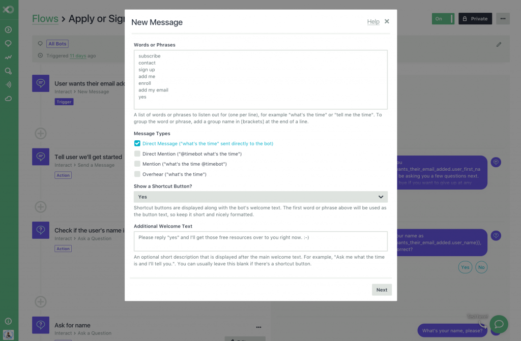 How to Create A Facebook Bot Integrated With Infusionsoft_key word for first message