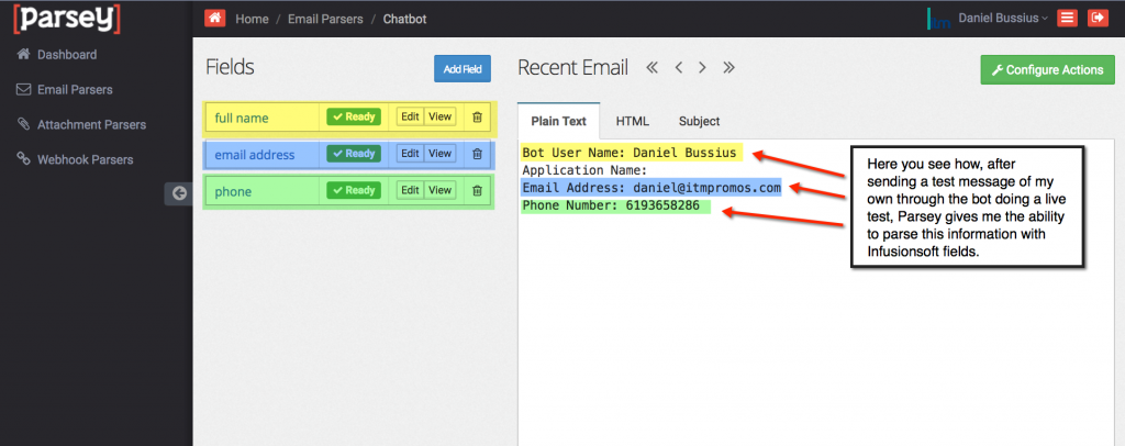 How to Create A Facebook Bot Integrated With Infusionsoft_Parsey parsed fields