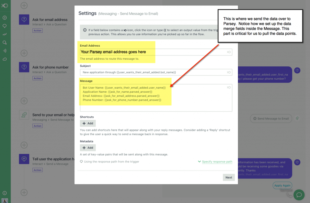 How to Create A Facebook Bot Integrated With Infusionsoft_Send data to Parsey
