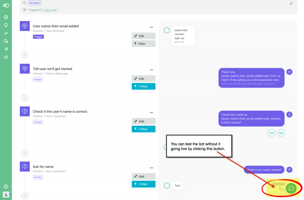 How to Create A Facebook Bot Integrated With Infusionsoft_Test button